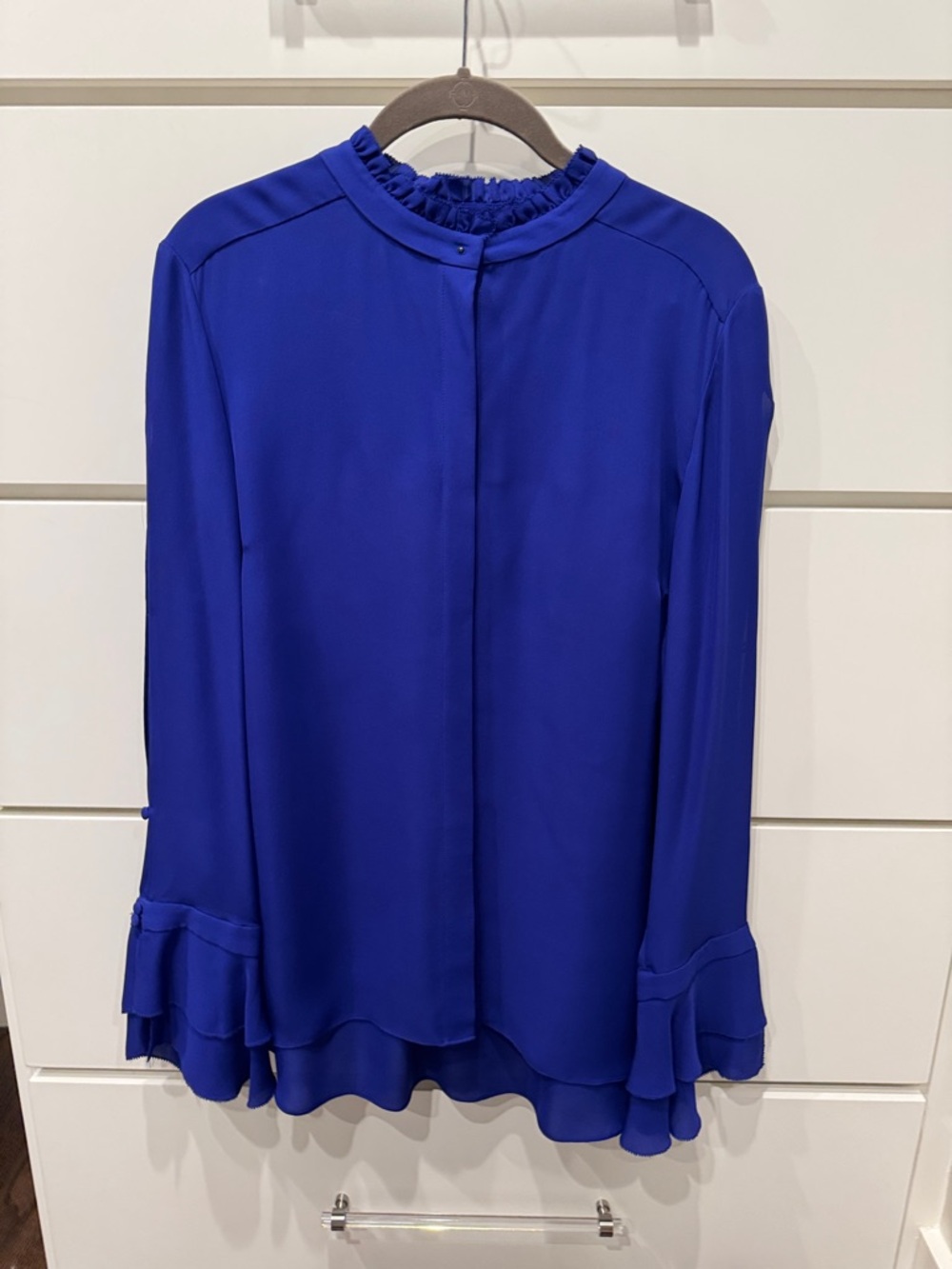Elie Tahari Cobalt Blue Ruffle-Neck Long Sleeve Blouse missing two buttons